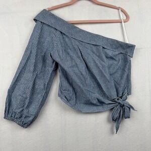 Free People Blue Striped‎ One Shoulder Tie Top Blouse Size 12